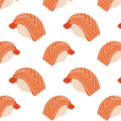 Sushi pattern. Restaurant food. Colorful sushi elements. Asian food print isolated on white background.