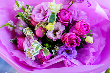 beautiful pink and lilac bouquet of fresh flowers.