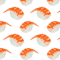 Sushi pattern. Restaurant food. Colorful sushi elements. Asian food print isolated on white background.