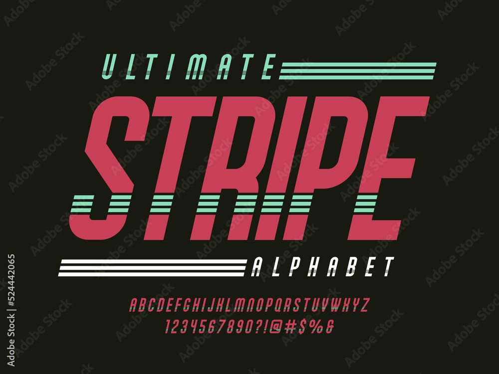 Poster modern stripe style alphabet design with uppercase, numbers and symbols