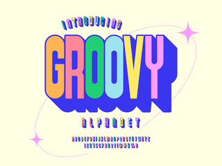 A groovy hippie style alphabet design with uppercase, numbers and symbols