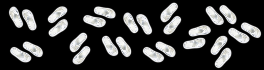 Many women's summer white slippers on a black background. Slippers. Horizontal image. Banner for insertion into site. Place for text cope space.