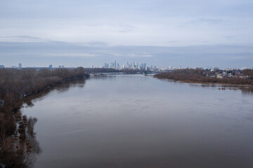 Drone photo of Vistula River in Warsaw city, Poland