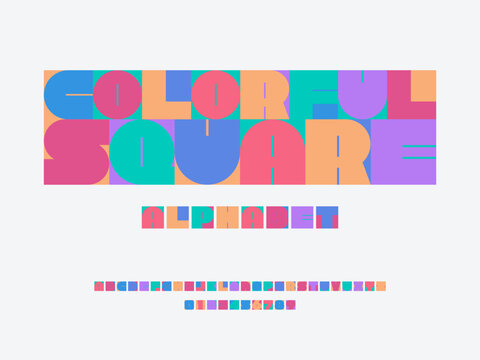 Colorful trendy style alphabet design with uppercase, numbers and symbols