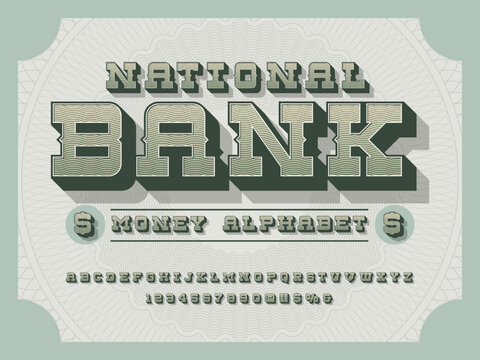 vintage style money alphabet design with decorative elements, uppercase, numbers and symbols