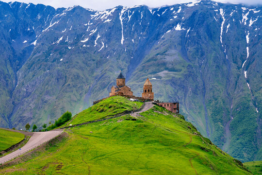 Gergeti Trinity Church (Tsminda Sameba) in Kazbegi, Georgia.