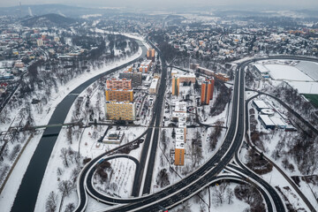 Winter view of streets and Ostravica River in Ostrava city in Czech Republic