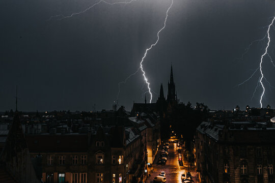 Lightning over the city at night