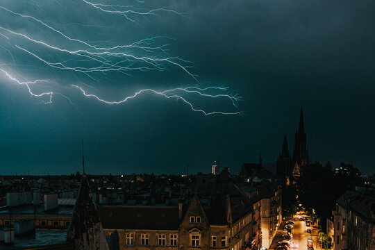 Lightning over the city at night