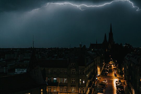 Lightning over the city at night