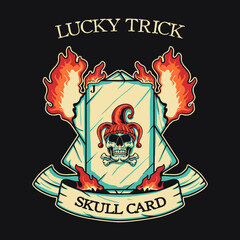 Skull Joker Card Fire Retro vector Illustration
