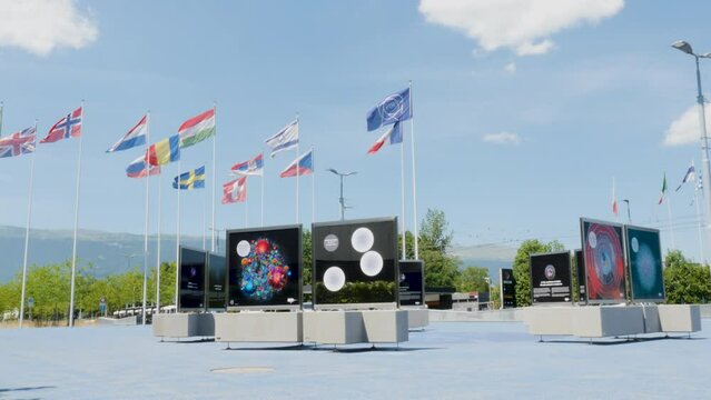 Geneva, Switzerland, view of the Esplanade des Particules square of C.E.R.N.