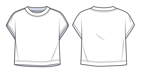 Naklejka premium Overfit Cropped Tee Shirt fashion flat tehnical drawing template. Unisex Crop T-Shirt, Crop Top fashion CAD mockup, sleeveless, front, back view, white color.