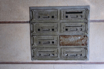 Old letter boxes in modernist tenement house from 1938 in Rzeszow city, Poland