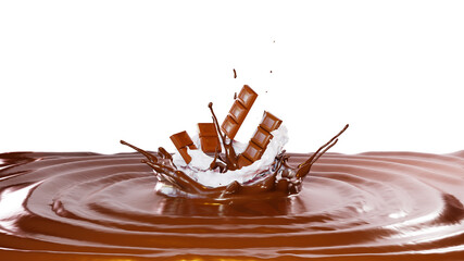 Chocolate pieces in a spray of milk Liquid of  chocolate crown splash with pieces of chocolate bars. Transparent background, PNG file