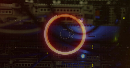 Image of scope scanning and data processing over cables in computer server in background