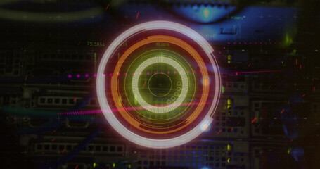 Image of scope scanning and data processing over cables in computer server in background