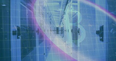 Image of scope scanning and data processing over computer servers and grid in background