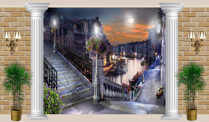 Digital collage, Grand Canal with gondolas of Venice at night. The fresco. Photo wallpapers.