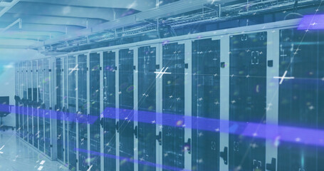 Image of lines flickering and markers moving over computer servers in background