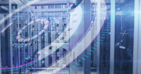 Image of scope scanning and data processing over computer servers in background