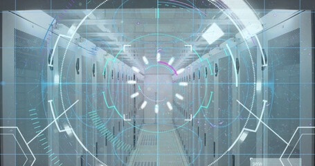 Image of scope scanning and biometric fingerprint over computer servers in background