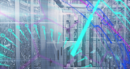 Image of scope scanning and data processing over computer servers in background