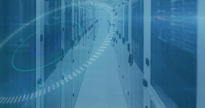 Image of scope scanning and data processing over computer servers in background