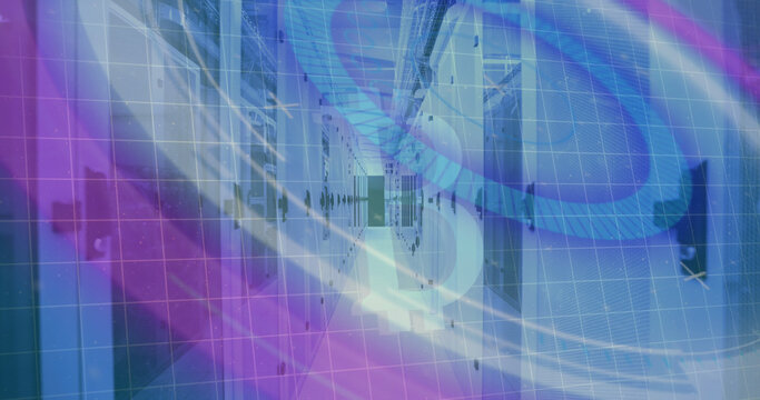 Image of scope scanning and data processing over computer servers and grid in background