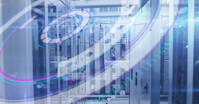 Image of scope scanning and data processing over computer servers in background