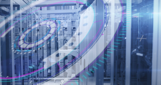 Image of scope scanning and data processing over computer servers in background - Powered by Adobe