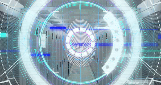 Image of scope scanning and biometric fingerprint over computer servers in background
