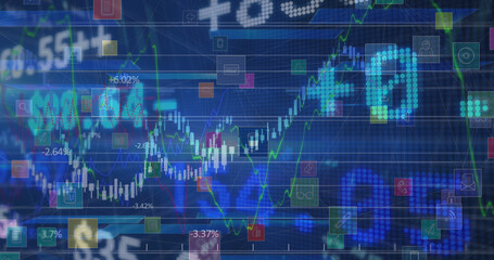 Fototapeta na wymiar Image of stock market, icons and financial data processing over blue background