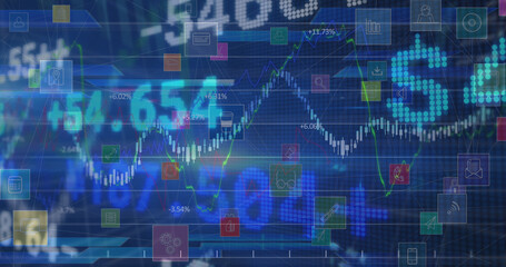 Image of stock market, icons and financial data processing over blue background