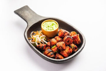 Tandoori Soya Chaap or soy chap dish prepared by marinating in tandoori spices, closeup view - obrazy, fototapety, plakaty
