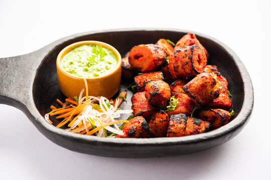 Tandoori Soya Chaap or soy chap dish prepared by marinating in tandoori spices, closeup view