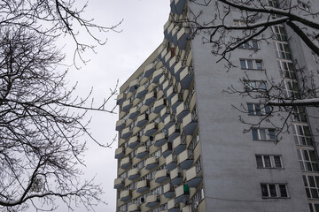 Facade of apartment building in Ochota district of Warsaw city, Poland - obrazy, fototapety, plakaty
