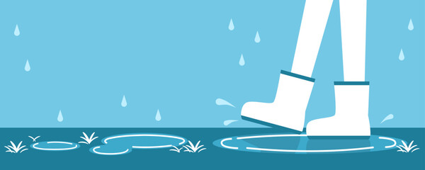 Legs kid wearing white boots walking in blue puddle water rain flat vector design.