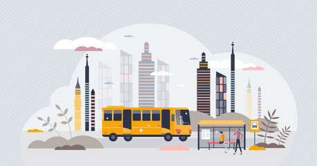 Public transportation with vehicles and city stations tiny person concept. Street view with modern shuttle bus and mobility options in urban environment vector illustration. Infrastructure with routes © VectorMine