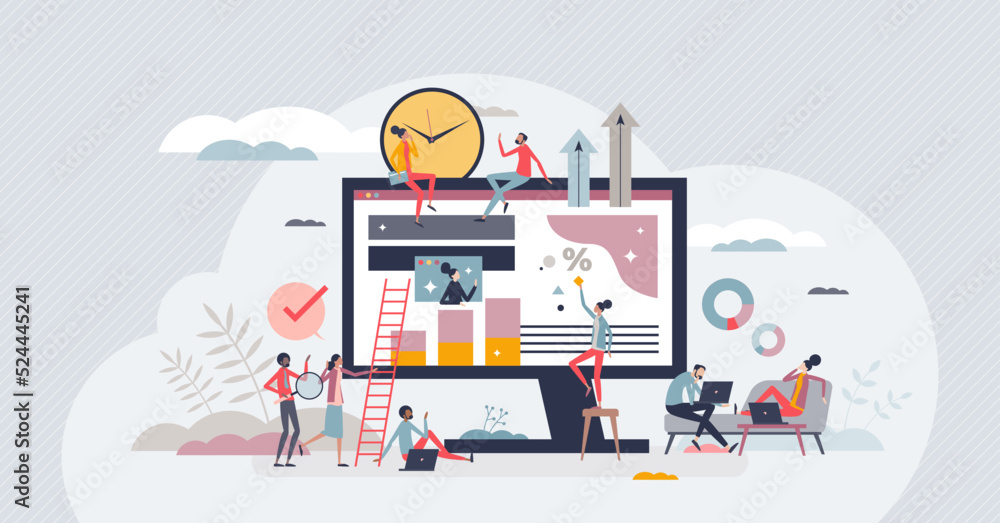 Poster hybrid workforce with distant employees and flexible job tiny person concept. business model with ou