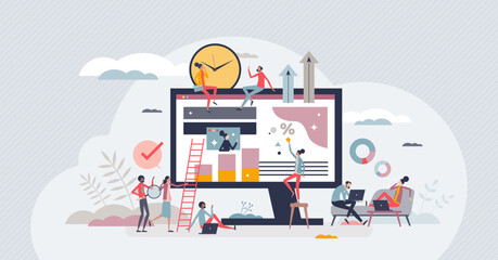 Hybrid workforce with distant employees and flexible job tiny person concept. Business model with outsourcing colleagues for remote online tasks vector illustration. Efficient project management.