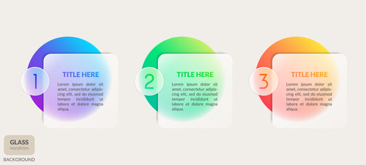 Three steps. Infographic. Web page template. Banner. Background glass morphism design
