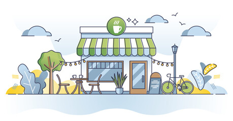 Cafe building exterior with modern city street restaurant outline concept. Outdoor boutique style facade for fast food coffee place and cosy terrace with bicycle, table and chairs vector illustration.