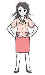 腰に手を当てて立つオーバーブラウスの女性（シンプル）.