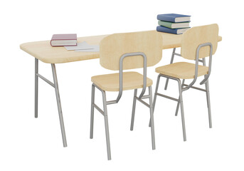 School desk with pile of books education.3D rendering