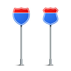 Vector illustration of interstate highway road signs isolated on white background. Set of traffic signs. Collection of realistic blank traffic control signs on metal poles. 
