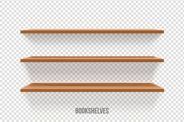 Vector set of wooden shelves isolated on wall