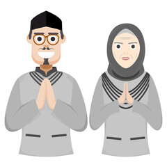 Fototapeta premium Couple Happy Eid Al Fitr Adha Ramadan Pose Give Wishing