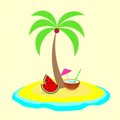 vacation, palmana on an island among the sea, ocean, picnic under a tree with a cocktail and watermelon, vacation concept.