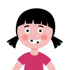 Girl missing teeth in flat design on white background. Dental cavity.